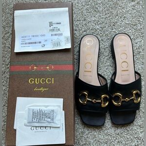 Authentic Gucci Nappa Lumiere Horsebit Flat Leather Slide Sandals Size 39